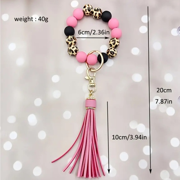 Peach Leopard Print Beaded Tassel Wristlet Keychain - Picture 2 of 2